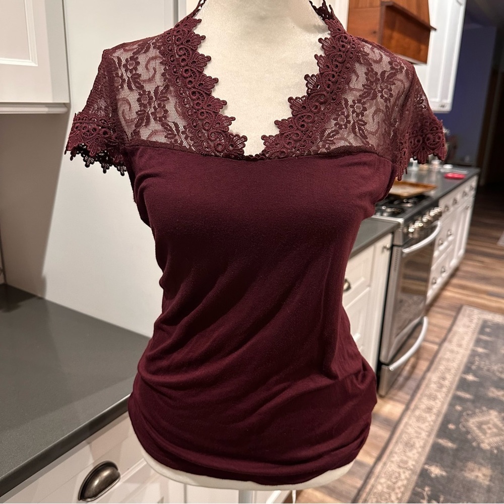 Inc Floral Lace Short Sleeve Mock Neck Top S Whimsigoth Dark Romantic Fairy Vamp